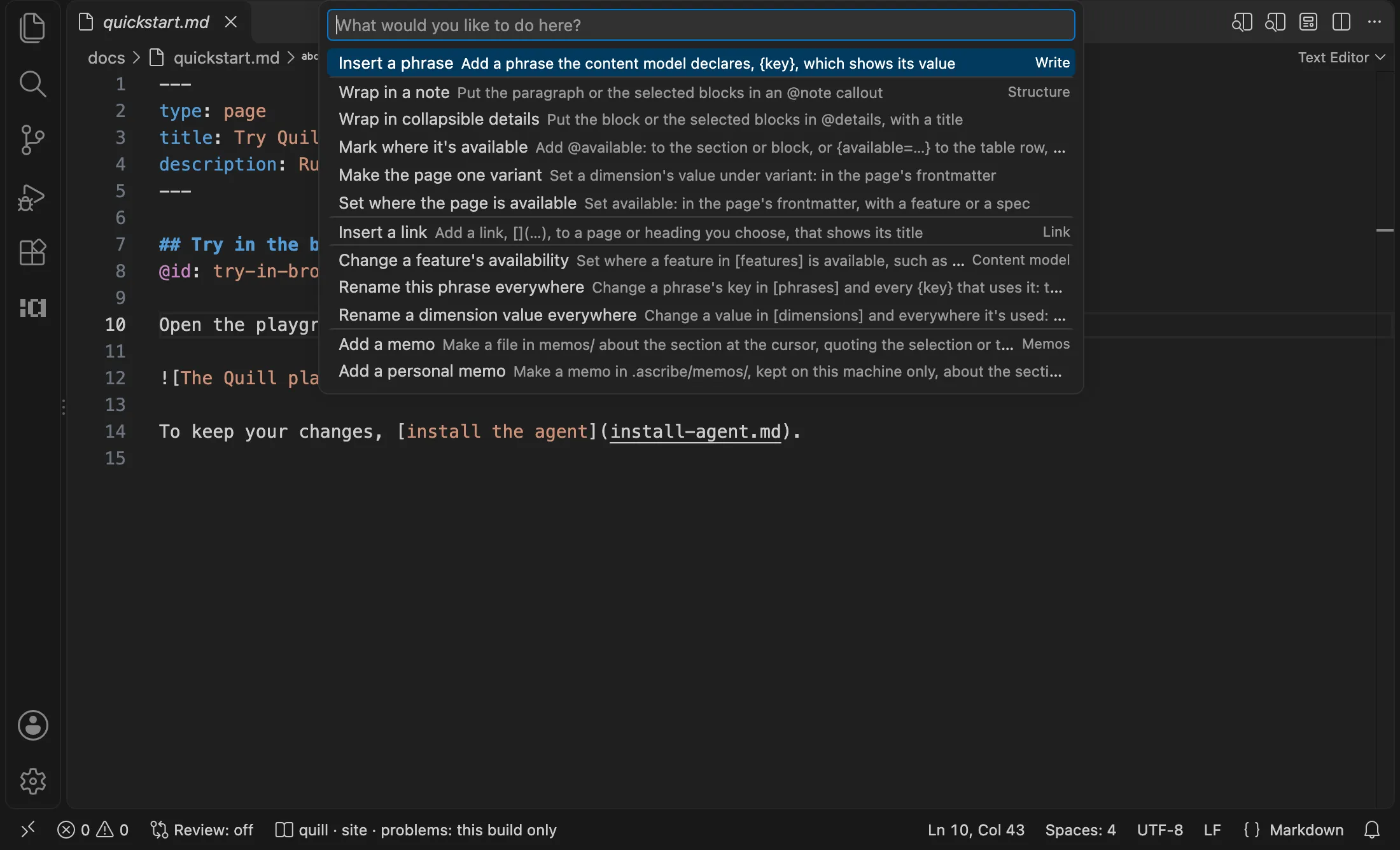 The actions bar open over a paragraph of a page, asking “What would you like to do here?”: each action that applies there is listed with what it does and the syntax it writes, such as “Wrap in a note: Put the paragraph or the selected blocks in an @note callout”, and each group, Write, Structure, Link, Content model, and Memos, is named at the right of its first action.