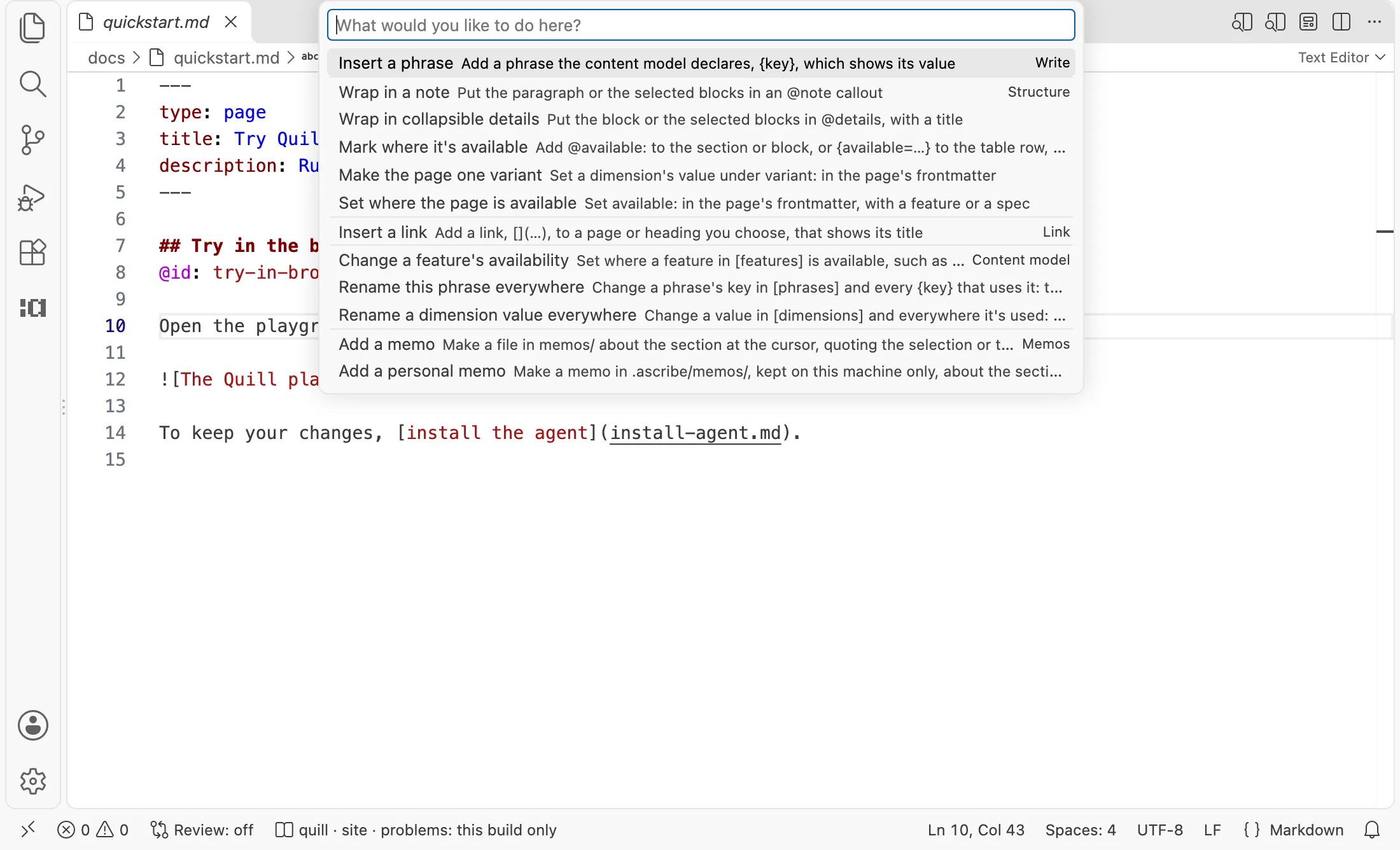 The actions bar open over a paragraph of a page, asking “What would you like to do here?”: each action that applies there is listed with what it does and the syntax it writes, such as “Wrap in a note: Put the paragraph or the selected blocks in an @note callout”, and each group, Write, Structure, Link, Content model, and Memos, is named at the right of its first action.