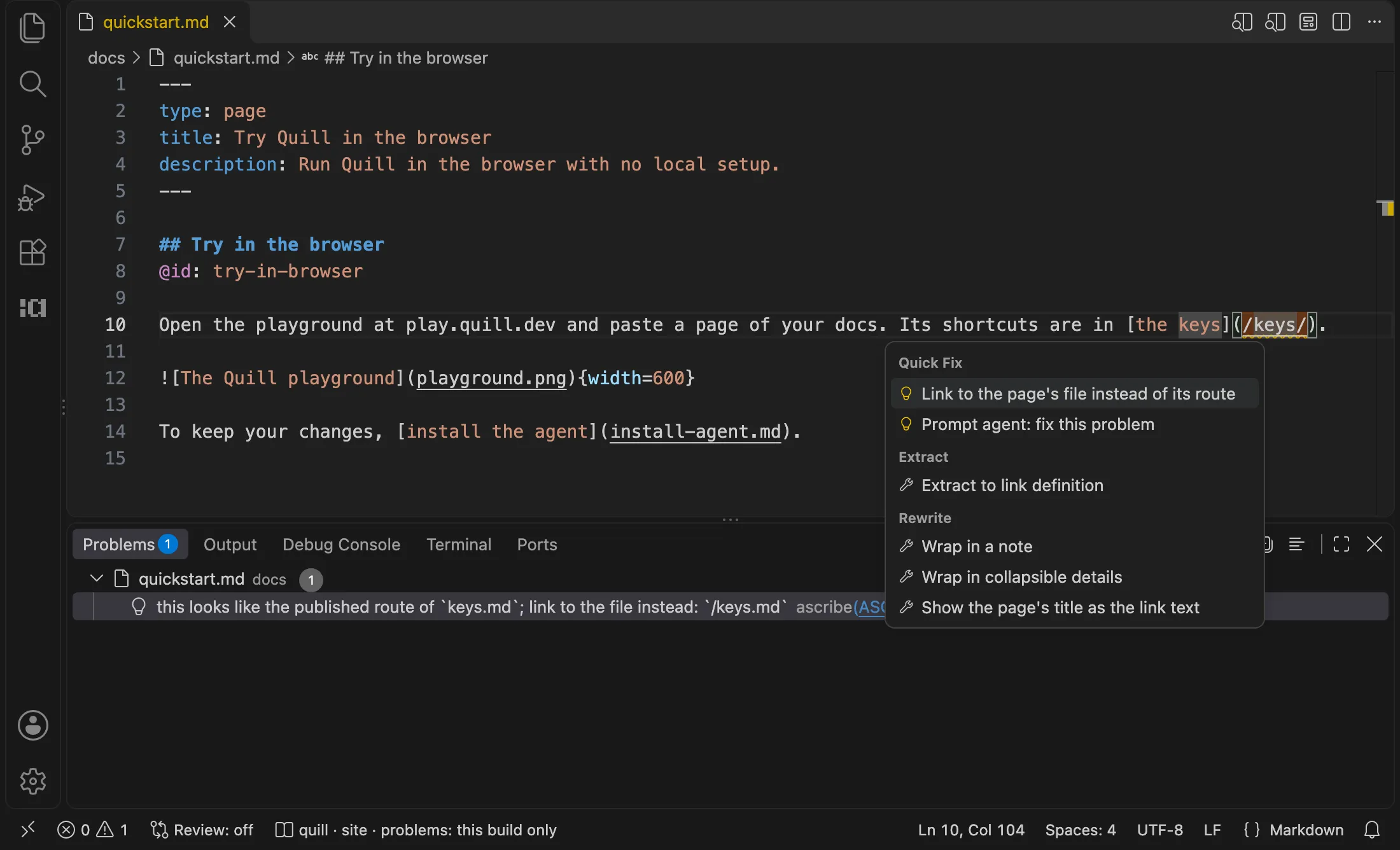 VS Code with a page whose link is written as an address: the link is underlined, the Problems view says to link to the file instead, and the quick fix menu offers “Link to the page’s file instead of its route”.