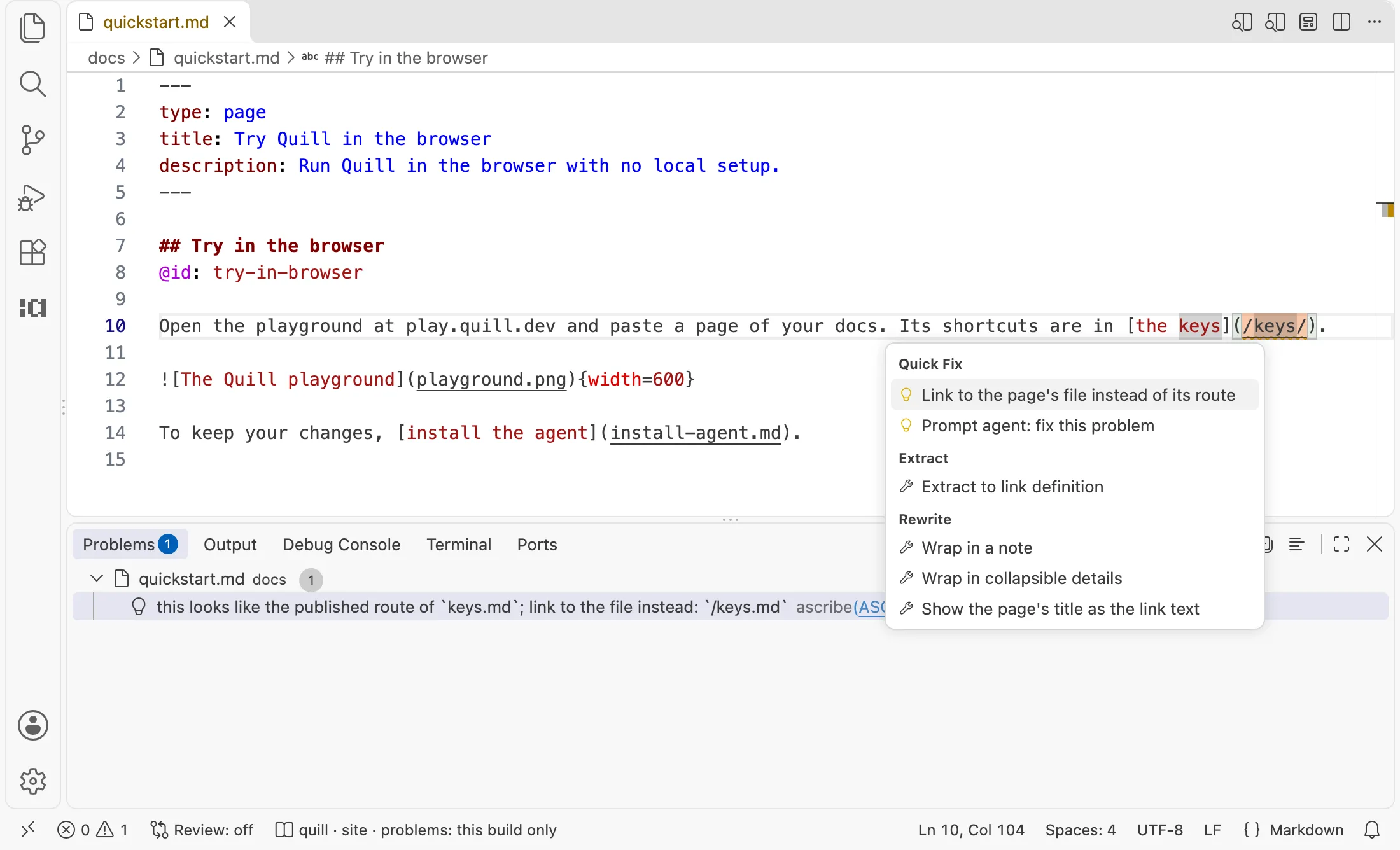 VS Code with a page whose link is written as an address: the link is underlined, the Problems view says to link to the file instead, and the quick fix menu offers “Link to the page’s file instead of its route”.