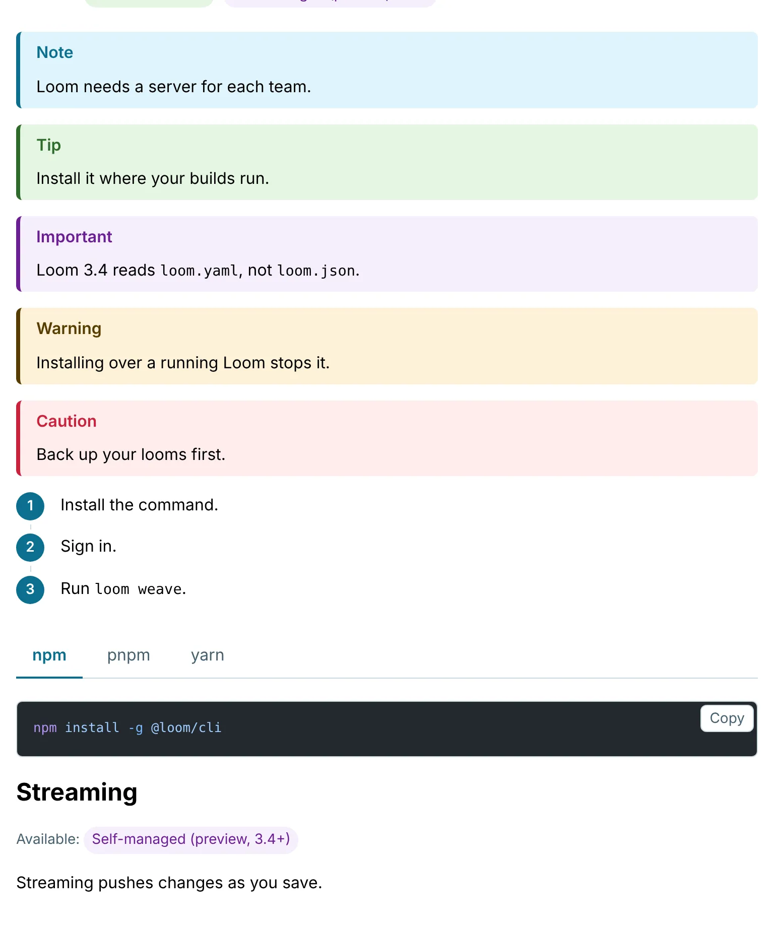 The elements with the library’s default colors: the five note types, Note, Tip, Important, Warning, and Caution, each a box of its own color with its label; a procedure’s numbered steps, joined by a line; a group of tabs, npm, pnpm, and yarn, with npm chosen; and an availability badge, Self-managed (preview, 3.4+), under a heading.