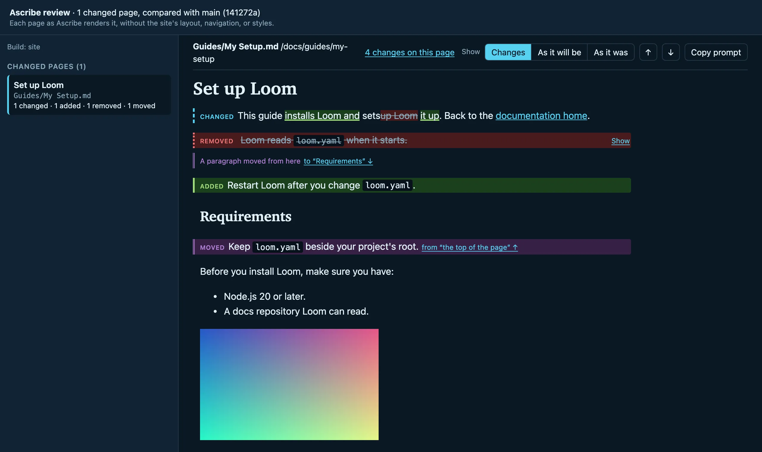 The HTML preview in a browser, with the list of changed pages above a page whose changed, added, removed, and moved paragraphs are marked.