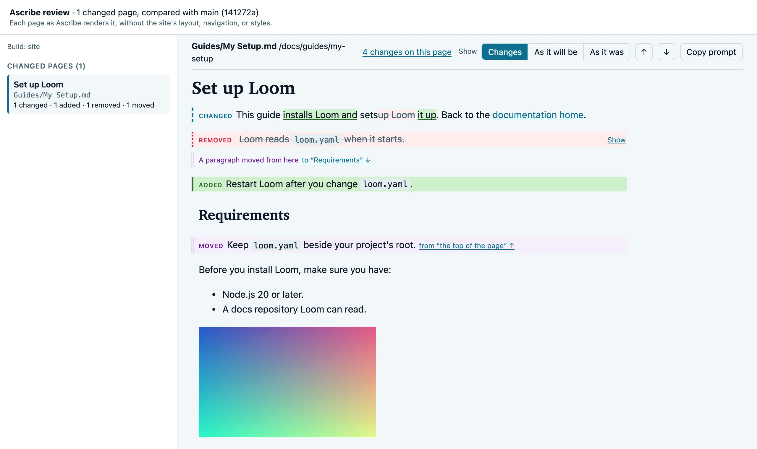 The HTML preview in a browser, with the list of changed pages above a page whose changed, added, removed, and moved paragraphs are marked.