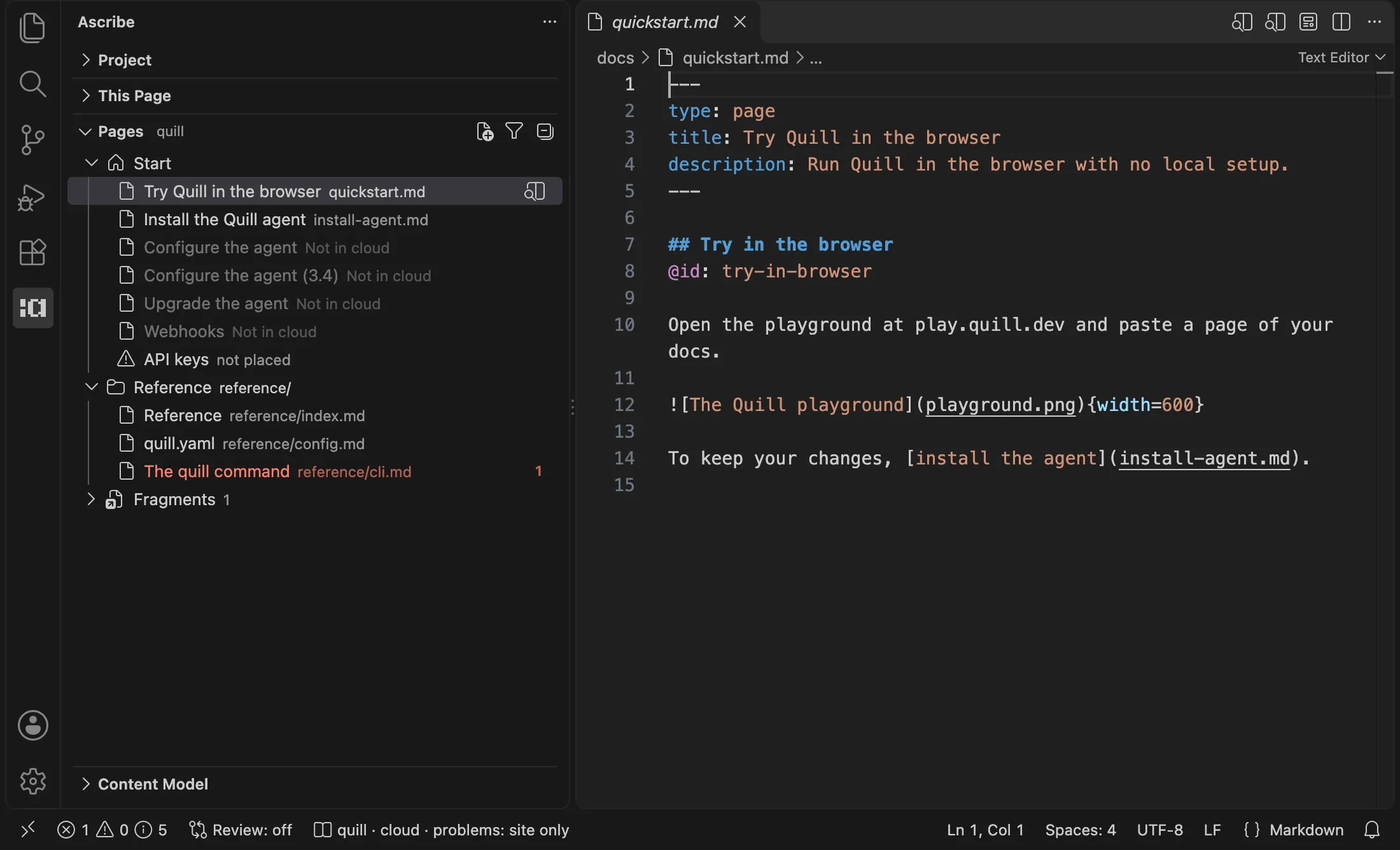 The Pages view for the project quill while the status bar shows the cloud build, with the pages that build leaves out dimmed.