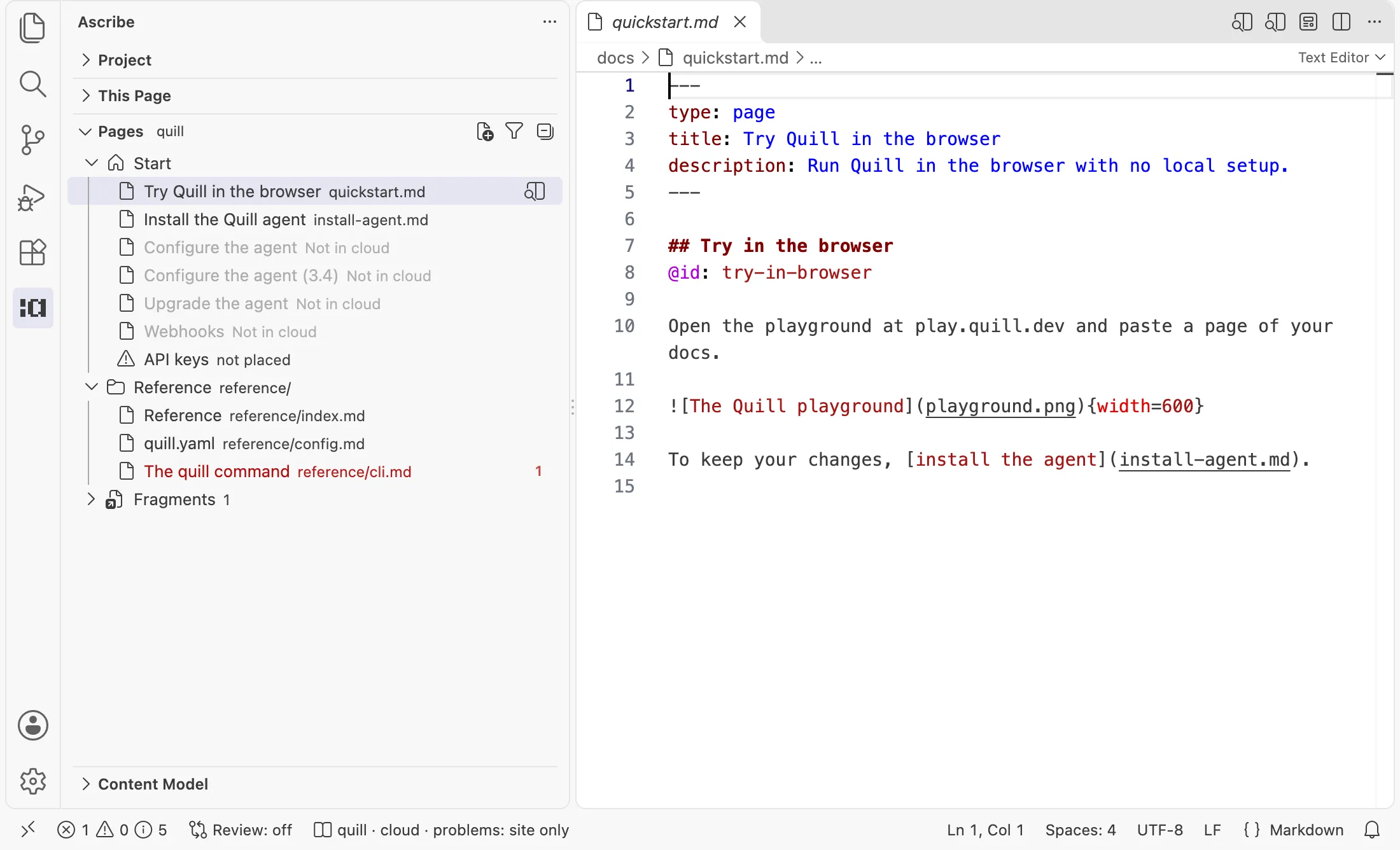 The Pages view for the project quill while the status bar shows the cloud build, with the pages that build leaves out dimmed.