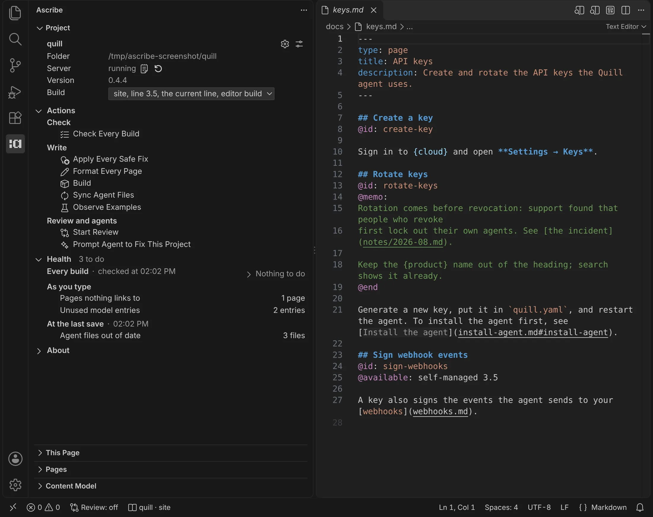 The Project view for the project quill, with its name, folder, server, and Build switch at the top, then its Actions, Health, and About sections.