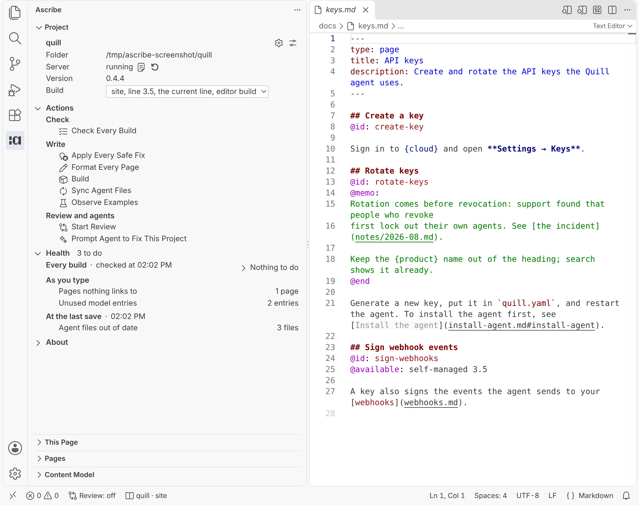 The Project view for the project quill, with its name, folder, server, and Build switch at the top, then its Actions, Health, and About sections.