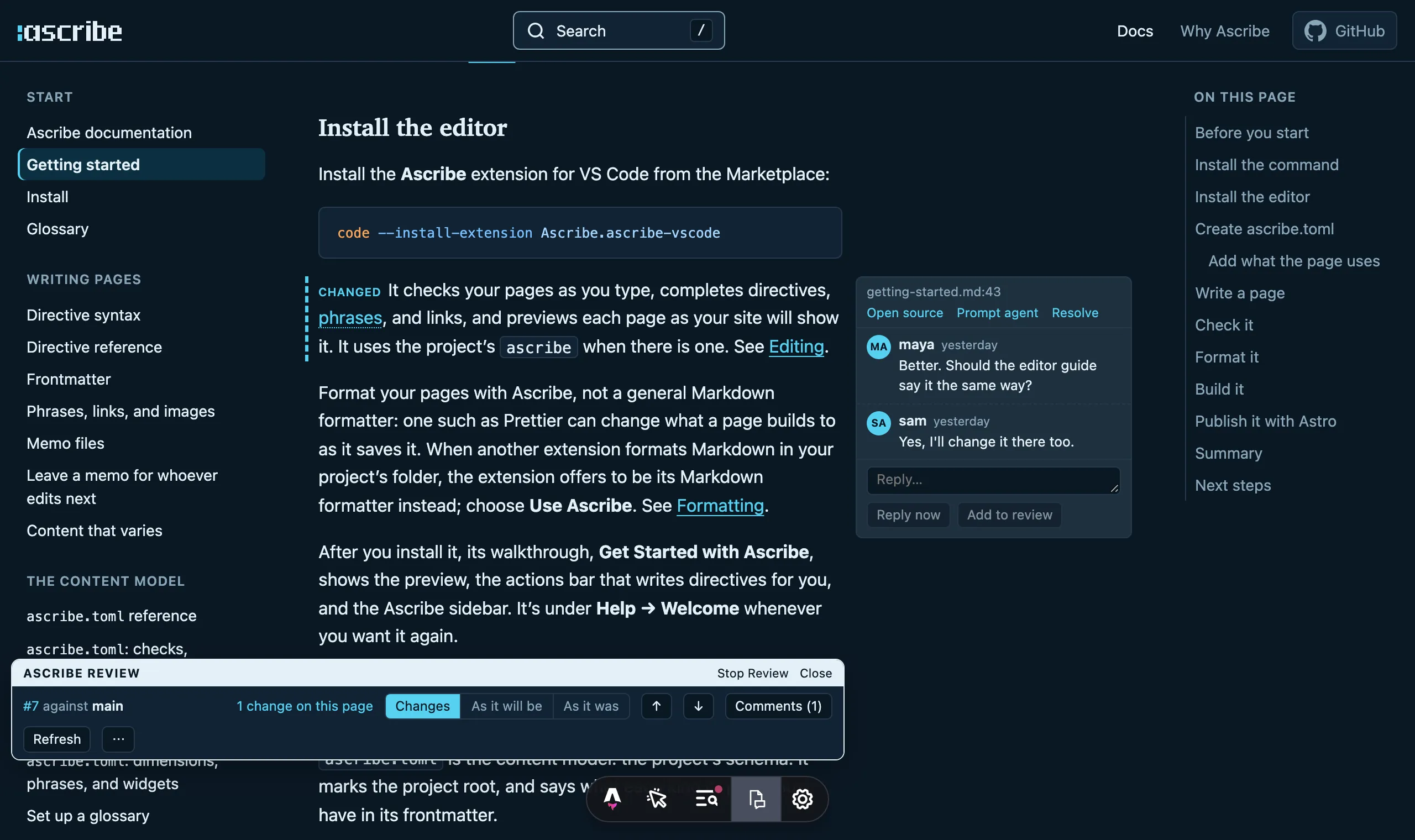 A page of these docs in the site’s preview during review: a changed paragraph is marked, the pull request’s two comments on it are beside it, and the review panel below names the pull request and its one change.