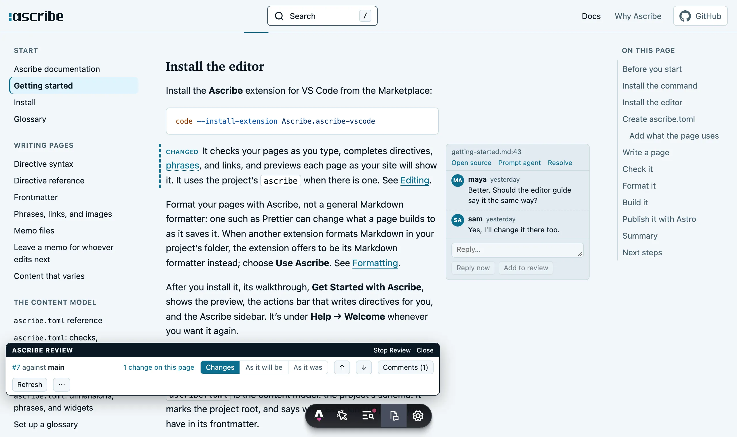 A page of these docs in the site’s preview during review: a changed paragraph is marked, the pull request’s two comments on it are beside it, and the review panel below names the pull request and its one change.