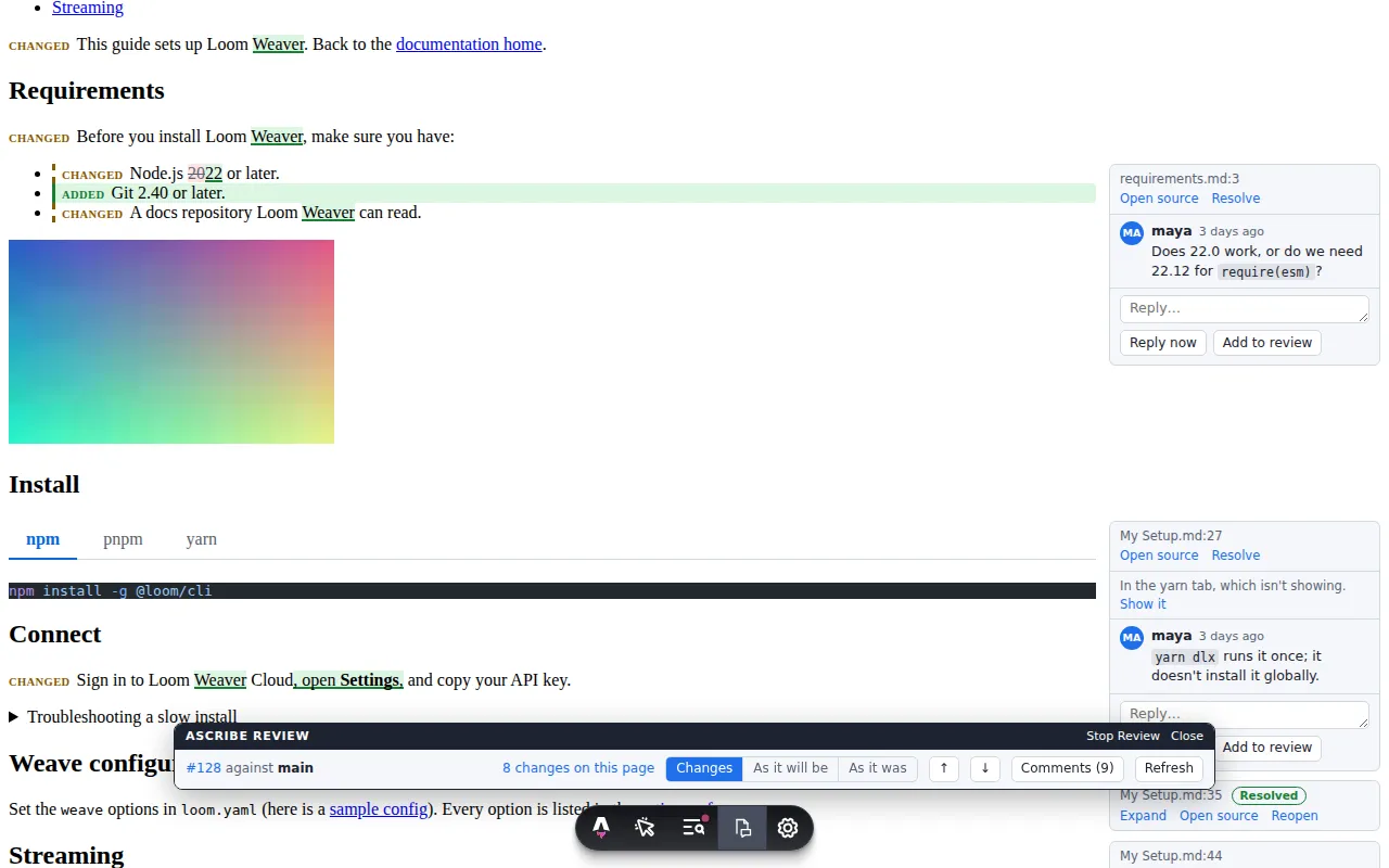 The site preview under review: a changed paragraph marked in the site’s own layout, with a review thread beside it and the Ascribe review panel above Astro’s toolbar