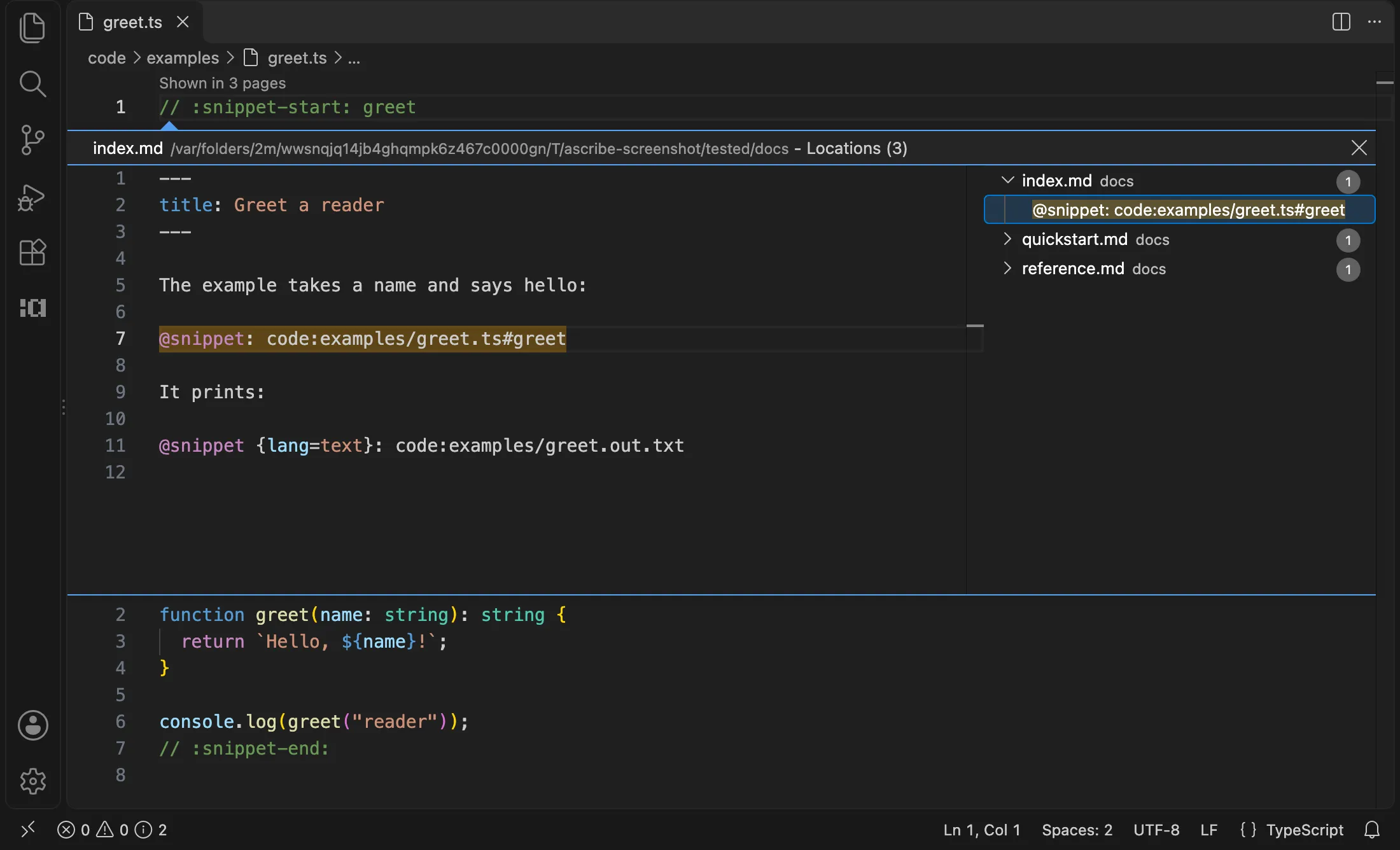 A code file, greet.ts, with the lens “Shown in 3 pages” over the region a snippet takes, and the references peek open under it: it lists the three pages, index.md, quickstart.md, and reference.md, and shows index.md at its line @snippet: code:examples/greet.ts#greet.