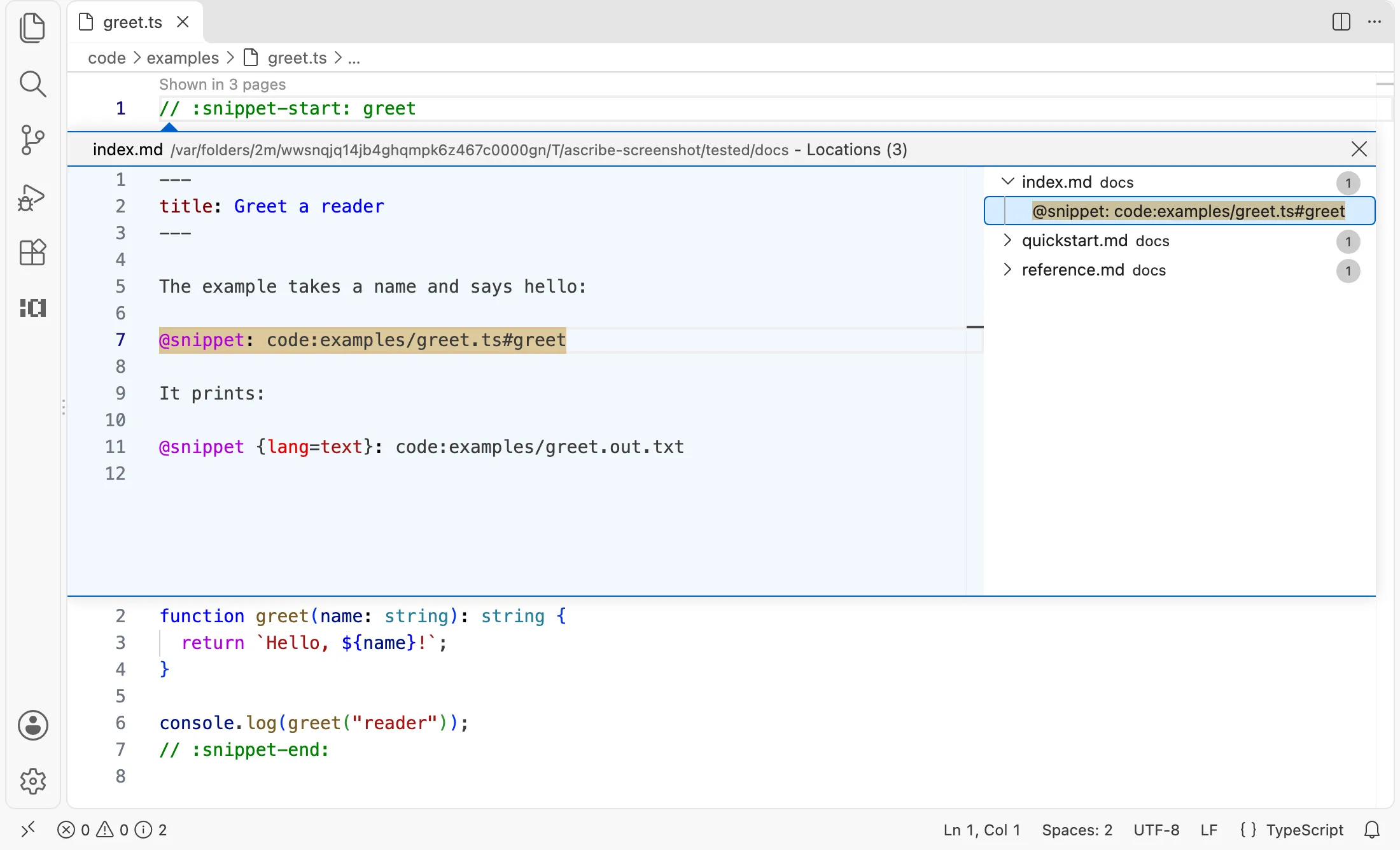 A code file, greet.ts, with the lens “Shown in 3 pages” over the region a snippet takes, and the references peek open under it: it lists the three pages, index.md, quickstart.md, and reference.md, and shows index.md at its line @snippet: code:examples/greet.ts#greet.