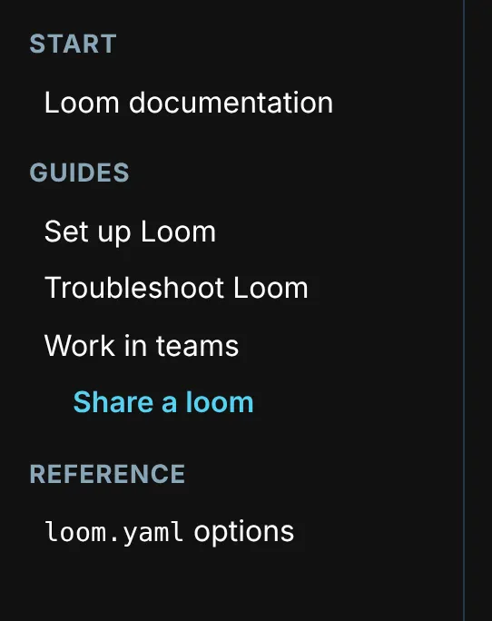 The starter’s sidebar, with an indent for each depth: Start, with Loom documentation; Guides, with Set up Loom, Troubleshoot Loom, Work in teams, and, indented under Work in teams, the nested section’s page Share a loom, the page being read, in bold; and Reference, with loom.yaml options.