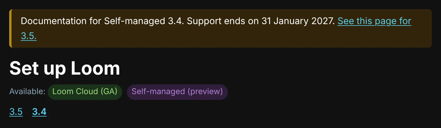 A page in line 3.4: above its title, the banner says “Documentation for Self-managed 3.4. Support ends on 31 January 2027. See this page for 3.5.”, linking to the same page in 3.5; below the title and its badges, the list of lines links to the page in 3.5 and in 3.4, with 3.4, the page’s own line, in bold.