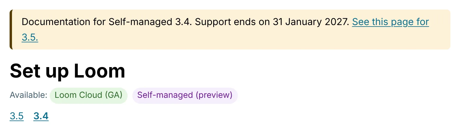 A page in line 3.4: above its title, the banner says “Documentation for Self-managed 3.4. Support ends on 31 January 2027. See this page for 3.5.”, linking to the same page in 3.5; below the title and its badges, the list of lines links to the page in 3.5 and in 3.4, with 3.4, the page’s own line, in bold.